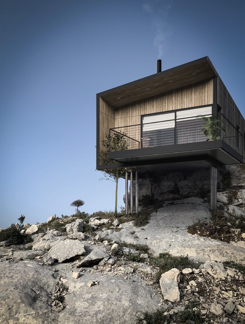 Timber facade detail with mountain view