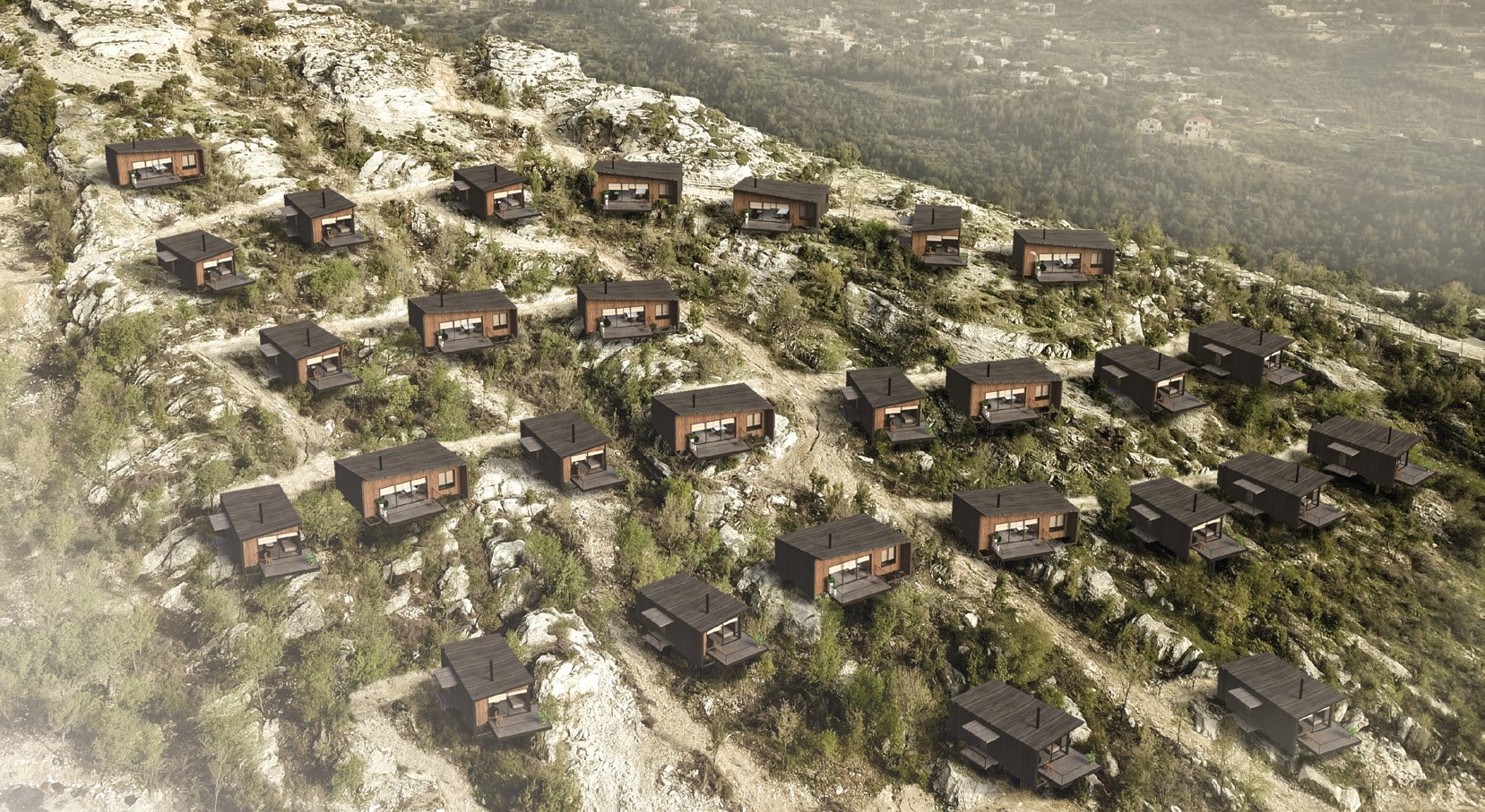 A Point On The Map — aerial view of modular cabins dispersed across a rocky hillside in Lehfed, Lebanon