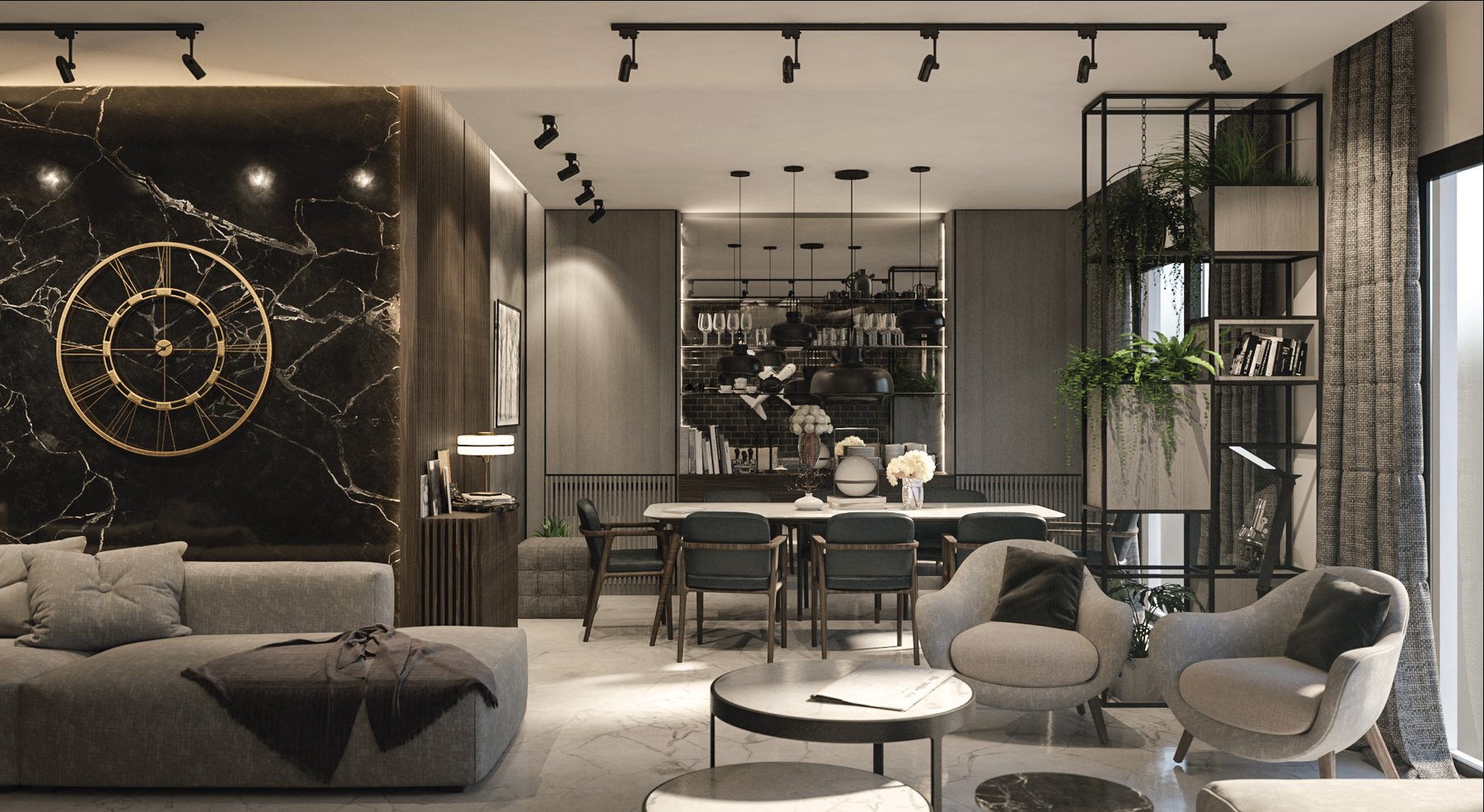 BM Loft — apartment interior with black marble feature wall and brass clock, Byakout, Lebanon