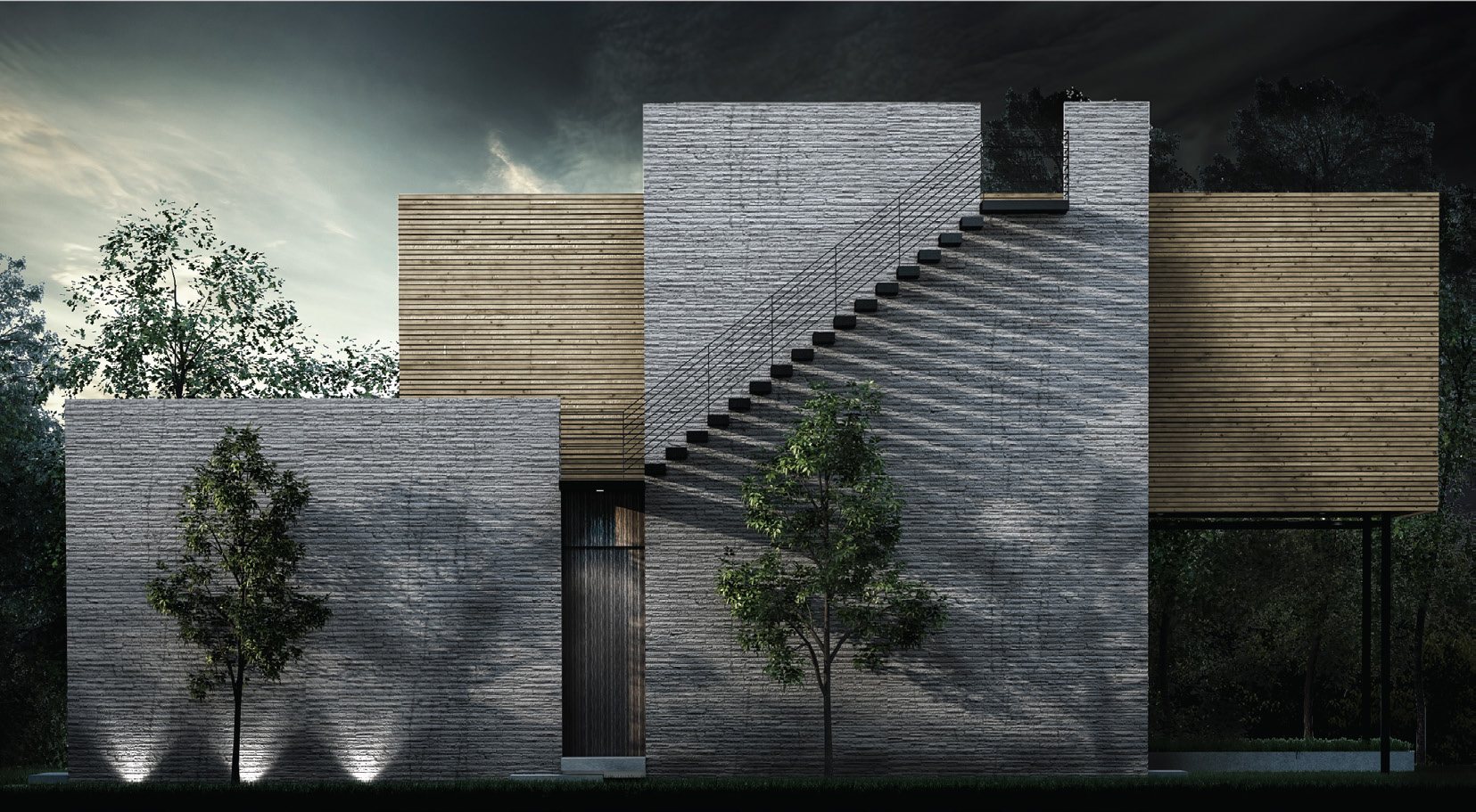 Night elevation with floating stair across the stone facade