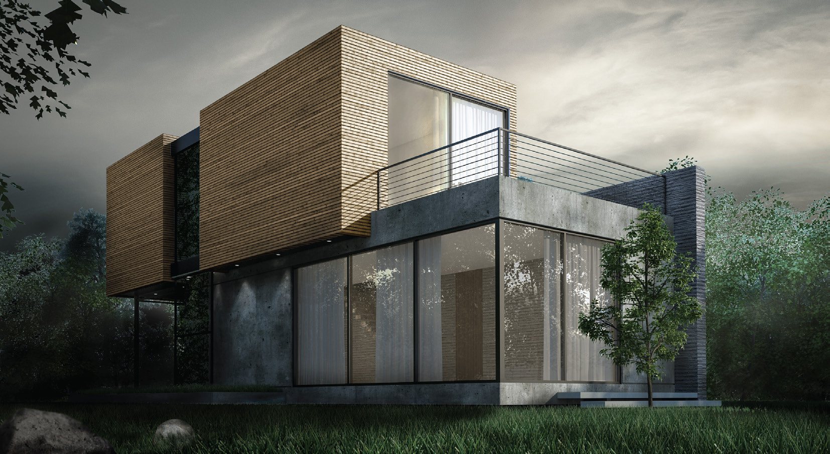 Box II — private residence of two shifted rectangular volumes at dusk, Hosrael, Lebanon