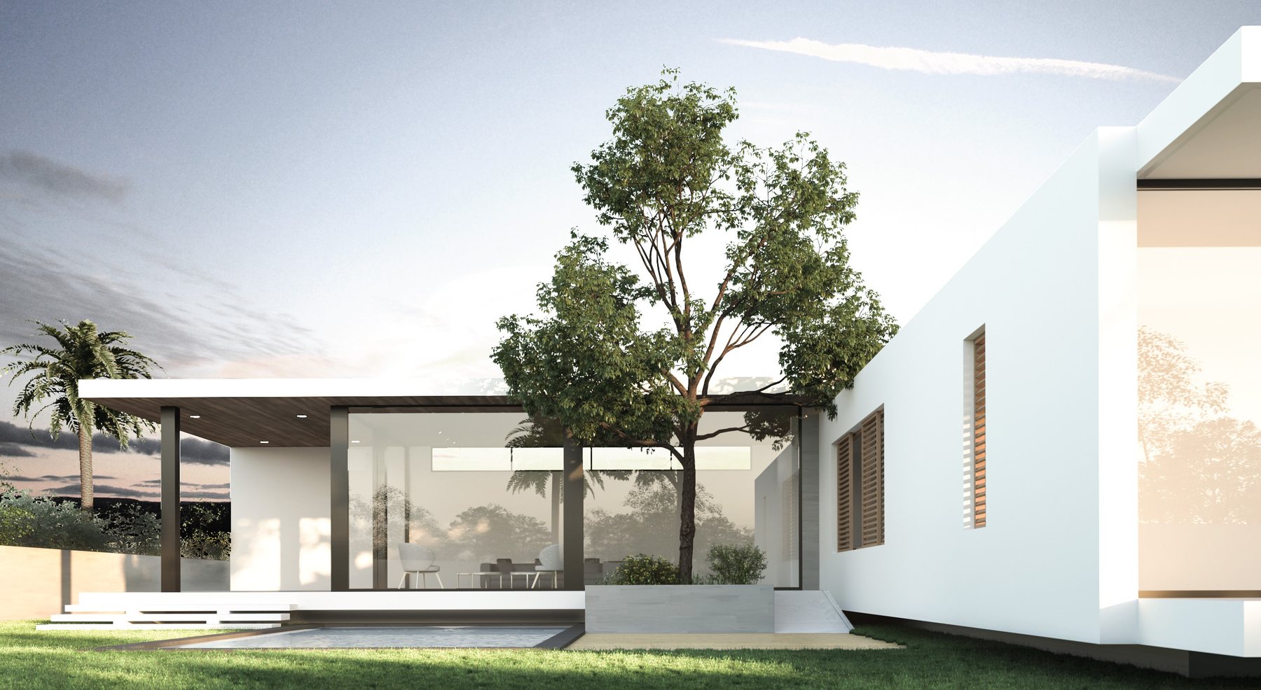 L House — white single-storey residence with courtyard tree, Guadeloupe