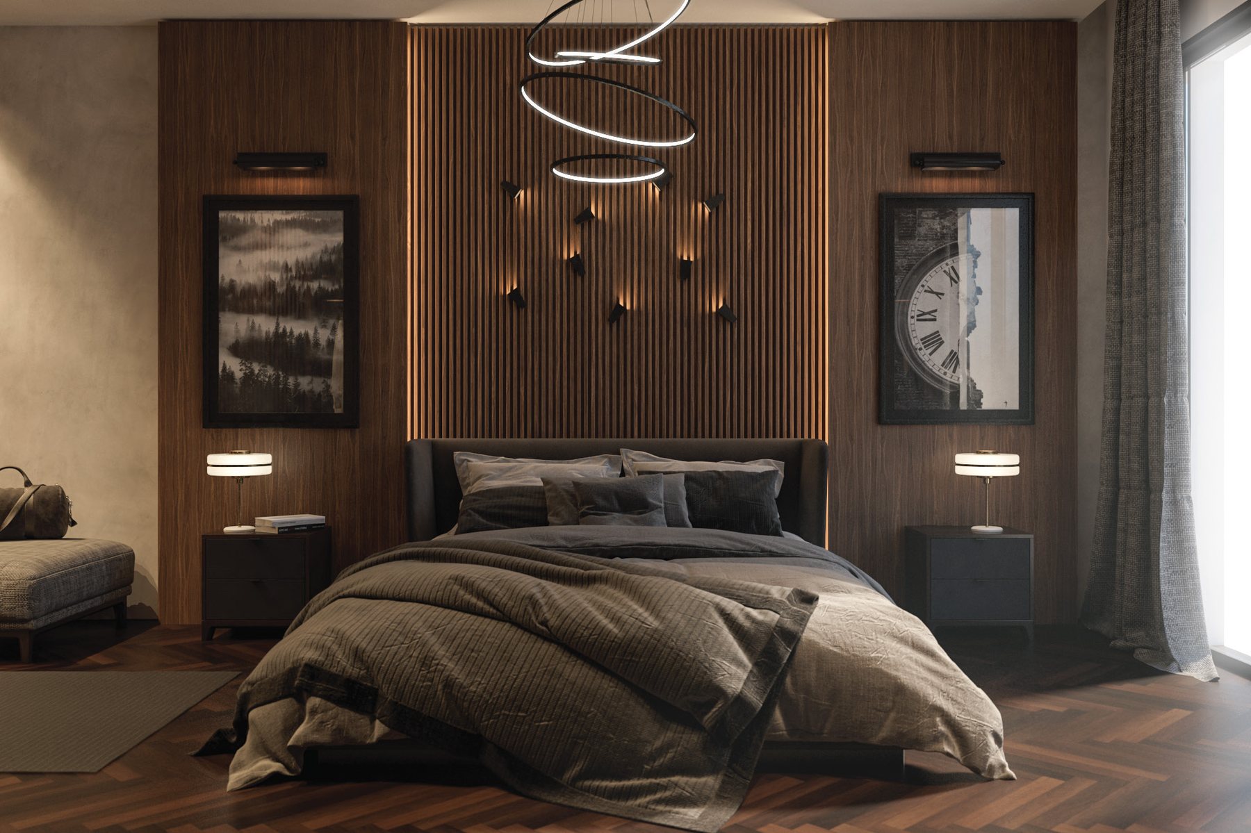 T 74 — bedroom with walnut slat wall and ring chandelier, Tabarja, Lebanon