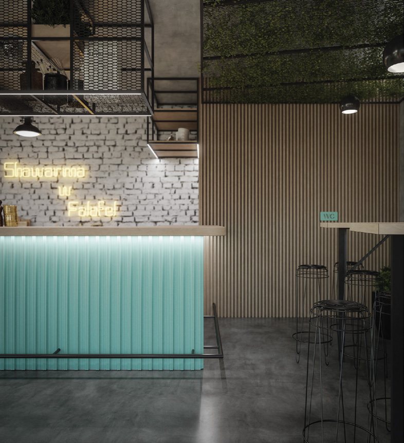 TNT — bar from the seating side with timber slat wall and mesh ceiling